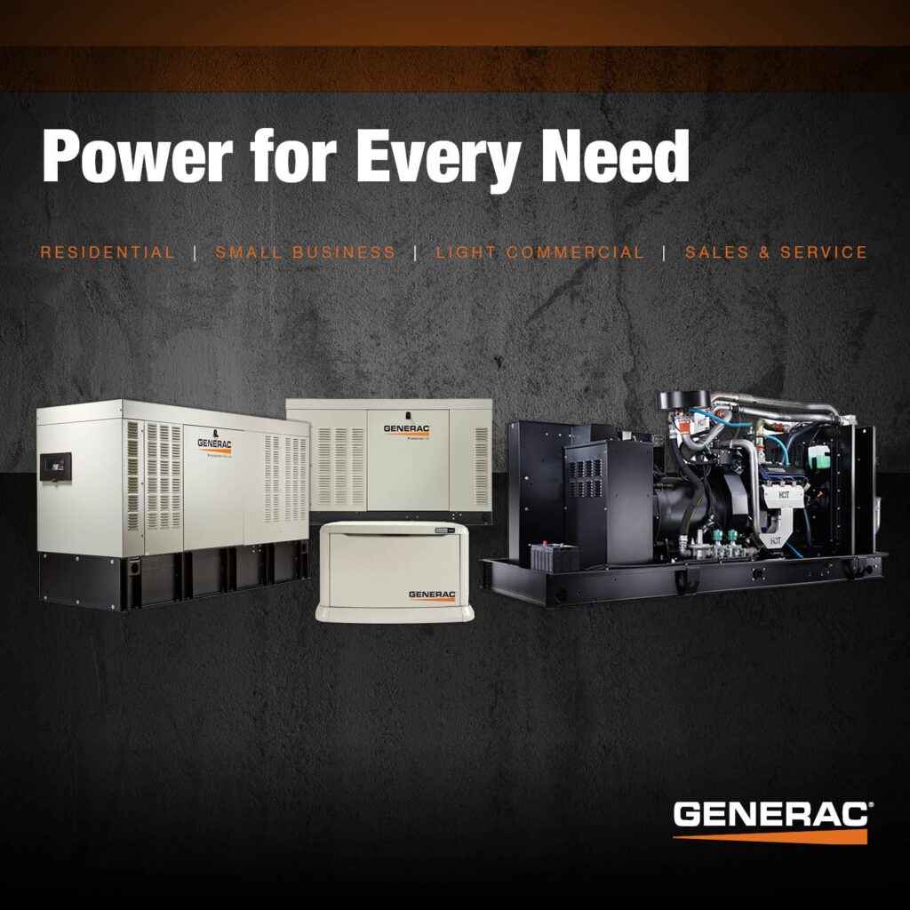 A Generac Home Standby Generator on a concrete slab, sized for essential appliances & power outage expectancy in MA